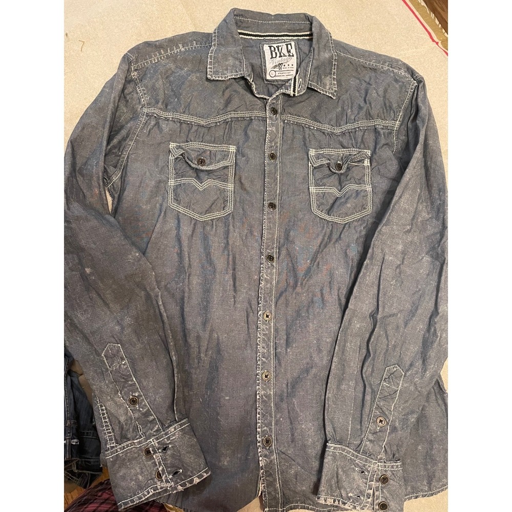 BKE Vintage Mens Gray Denim Button Up Shirt Athletic Fit Long Sleeve Size L